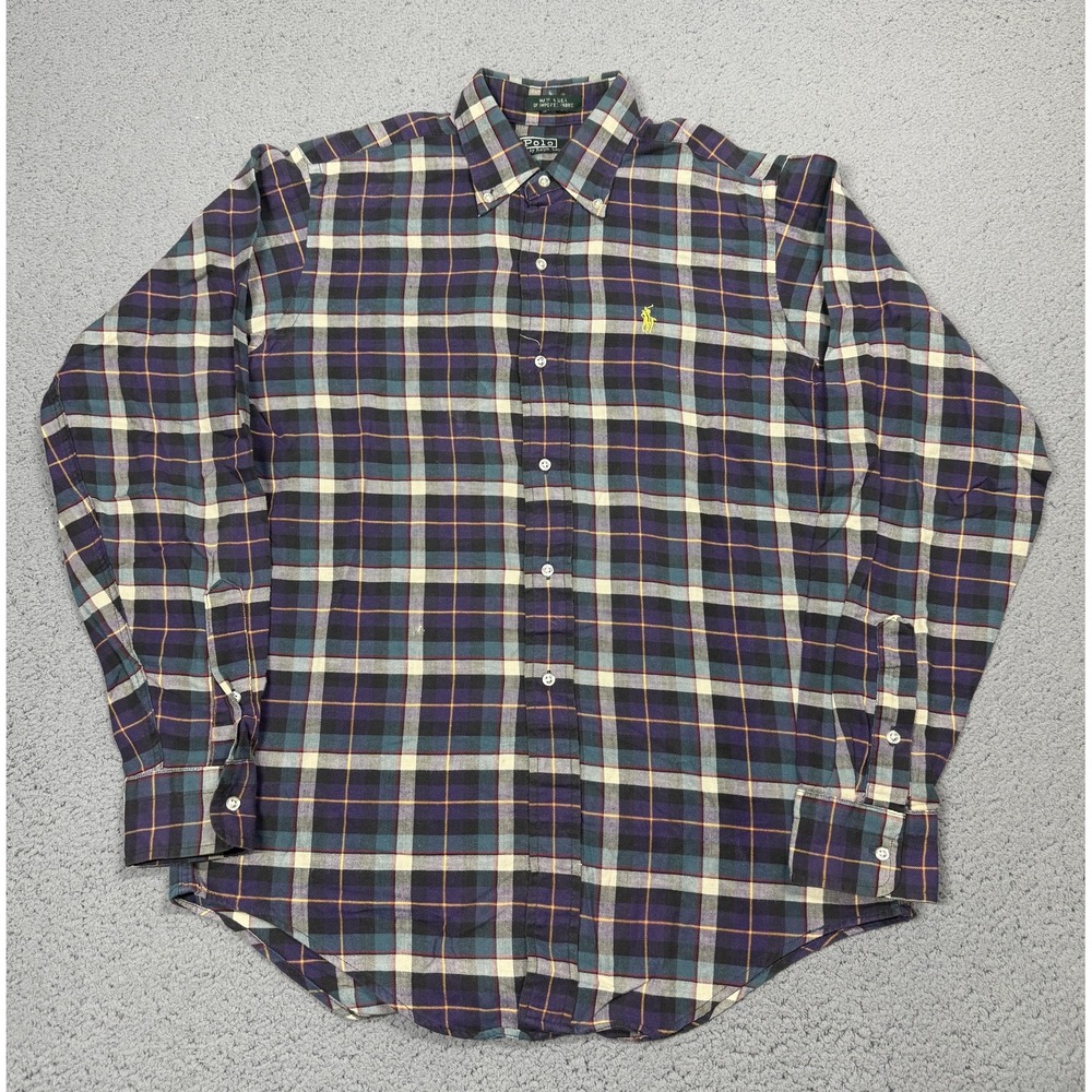 Vintage Polo Ralph Lauren Shirt Mens L 18 Blue Plaid Long Sleeve Button Down USA